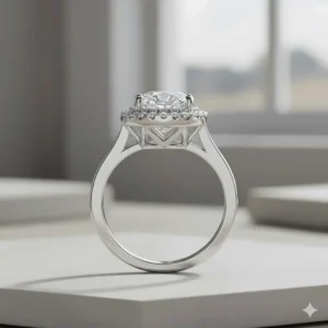 Close-up side view of a pear halo engagement ring showing the prong and halo settings and the diamond's profile.
