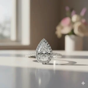 Elegant pear shaped diamond ring with a sparkling halo of smaller diamonds, total weight approximately 2 carat.