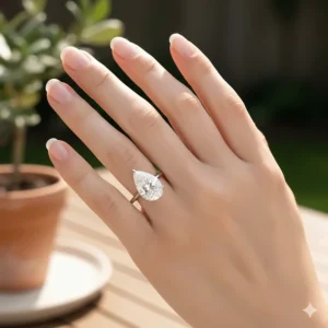 An image of a woman's hand wearing a pear shaped diamond ring, highlighting how the shape beautifully elongates the finger.