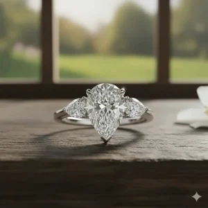 Stunning pear shaped three stone engagement ring with the central pear diamond flanked by two smaller side stones for maximum sparkle.