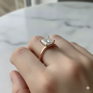 Alternative view of the 2 carat princess cut diamond ring set in a trendy rose gold band.