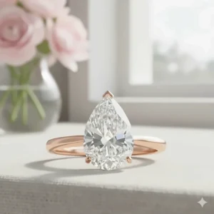 A unique 2 carat pear shaped diamond ring set in a modern and romantic rose gold metal.