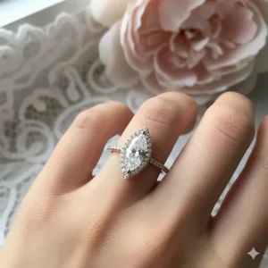 Stunning marquise halo engagement ring crafted in luxurious rose gold, photographed on a model's finger.