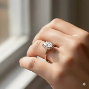 Elegant rose gold pear halo engagement ring on a hand, featuring a brilliant cut diamond.