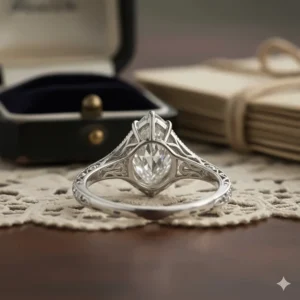 Close-up side view showing the gallery and intricate basket setting of a vintage marquise engagement ring, highlighting its craftsmanship.