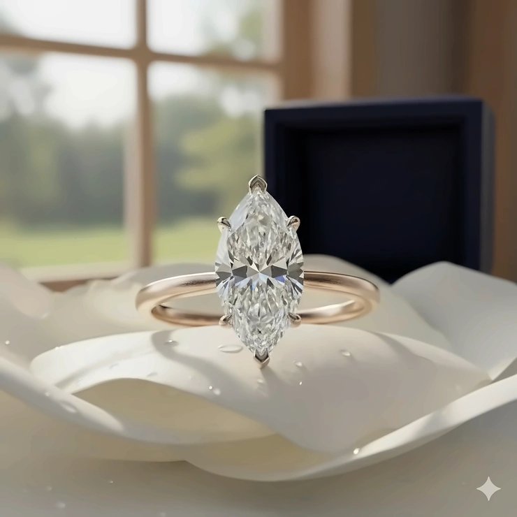 Solitaire marquise engagement ring in a classic white gold setting, showcasing the elongated, brilliant-cut diamond.