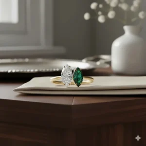 Unique two-stone marquise engagement ring in a Toi et Moi setting with a contrasting gemstone and diamond.