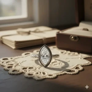 Antique Victorian marquise engagement ring featuring delicate milgrain detailing on the band and bezel setting.