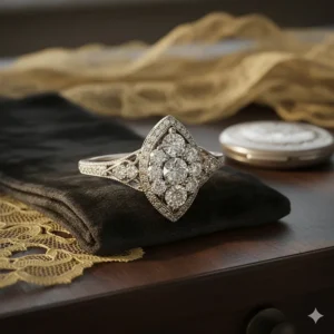 Antique-inspired unique marquise engagement rings design with a cluster of diamonds mimicking a single large stone.