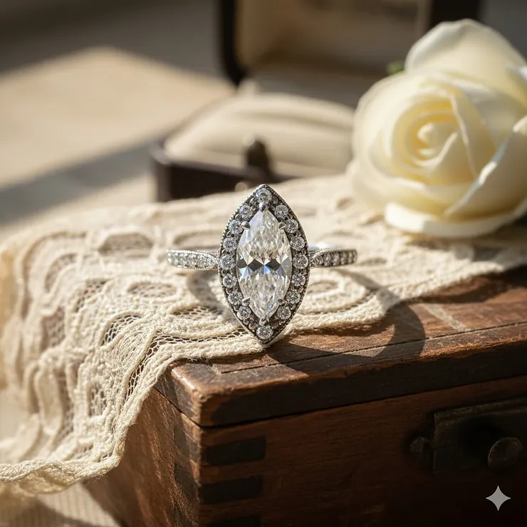 A stunning vintage marquise engagement ring featuring a central diamond surrounded by a delicate pavé diamond halo, set on a platinum band. vintage marquise engagement rings
