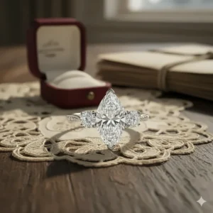 Three-stone vintage marquise ring flanked by two smaller accent diamonds, creating a bold, elegant look.