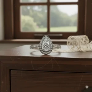Close-up of a unique vintage pear shaped engagement ring design with delicate milgrain detailing on the band.