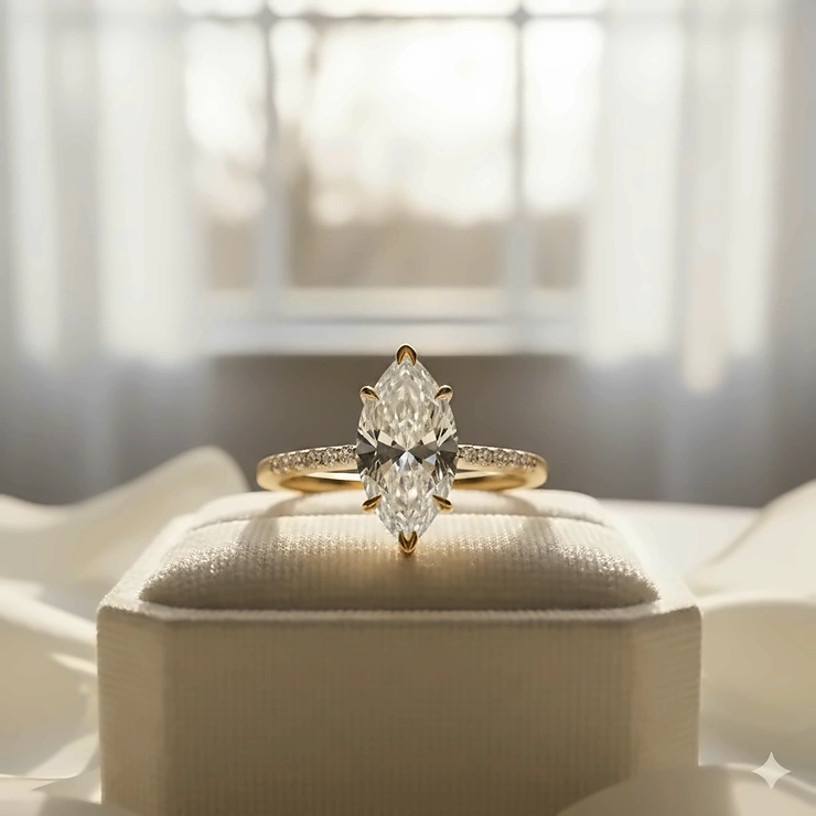 A stunning, close-up view of a classic yellow gold marquise engagement ring featuring a single, brilliant solitaire diamond in a prong setting. yellow gold marquise engagement rings