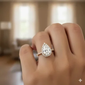 Traditional yet modern yellow gold pear halo engagement ring with a brilliant-cut center stone and diamond halo.