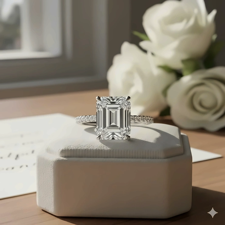 Stunning 1 carat emerald cut diamond engagement ring in a sleek platinum setting, highlighting the stone's step-cut facets and rectangular shape. emerald cut 1 carat diamond engagement rings