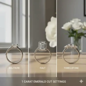 Collage showing popular settings for a 1 carat emerald cut diamond engagement ring, including classic solitaire, micro-pave halo, and three-stone styles.