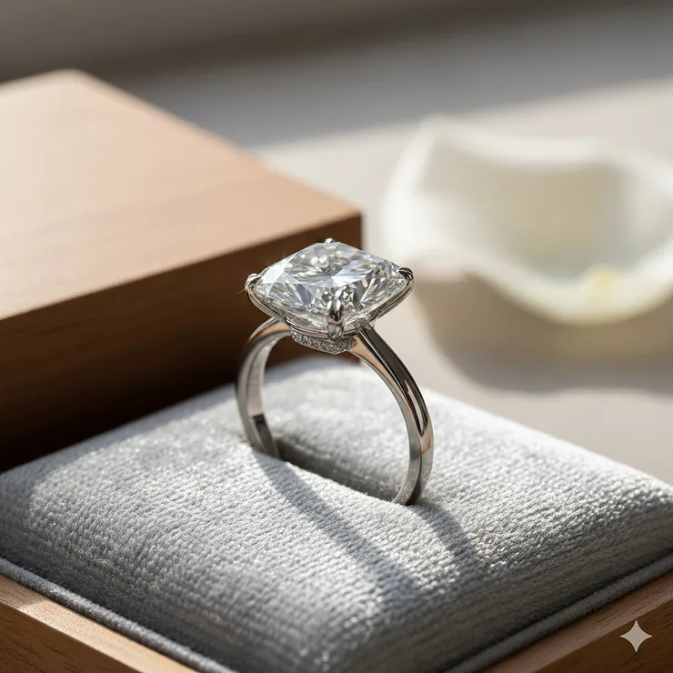 Stunning 3 carat cushion cut diamond ring set in a platinum solitaire setting, showcasing brilliant clarity and sparkle.