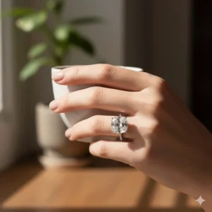 A 3 carat cushion cut diamond ring elegantly worn on a hand, illustrating how the size appears on a typical finger.