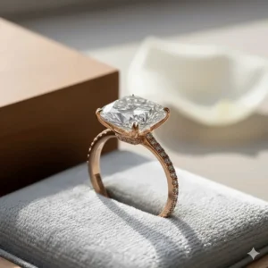 Gorgeous 3 carat cushion cut diamond set in an 18k rose gold pave band for a warmer, vintage-inspired look.