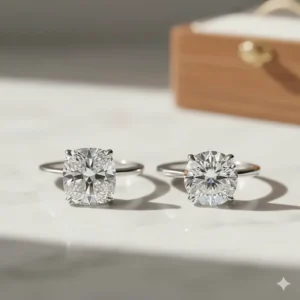 Comparison image showing the difference in shape and perceived size between a 3 carat cushion cut and a 3 carat round brilliant diamond.