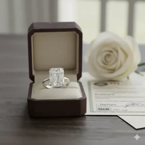 A 3 carat radiant cut diamond ring shown next to its GIA or AGS certification, guaranteeing quality and authenticity.