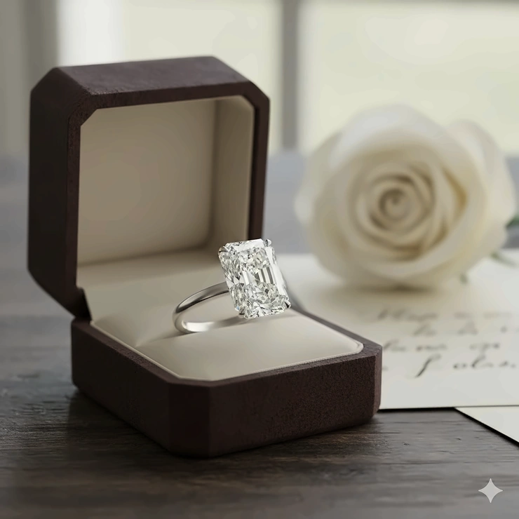 Stunning 3 carat radiant cut diamond engagement ring set in a polished platinum band, showcasing the stone's brilliant facet pattern. 3 carat radiant cut diamond ring