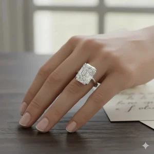 Luxurious 3-carat radiant cut diamond ring worn on a hand, illustrating the impressive size and elegant finger coverage.