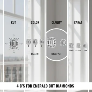 Infographic detailing how the 4 C's (cut, color, clarity, carat) apply when selecting an emerald cut 1 carat diamond engagement ring.
