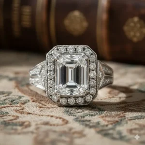 Art Deco era vintage emerald cut engagement ring featuring a geometric halo and milgrain detailing on the band.