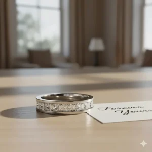 Detailed view of a platinum wedding band designed to complement an asscher cut engagement ring with channel-set diamonds.