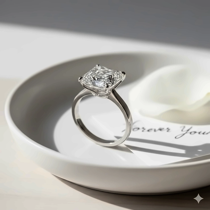 Close-up of a stunning asscher cut engagement ring in a classic solitaire setting on a white-gold band.