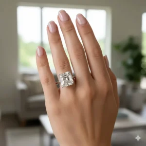 Model wearing a 2-carat asscher cut engagement ring on her finger, demonstrating its clarity and light performance.