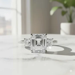 A glamorous three-stone Asscher cut wedding ring featuring a larger center stone flanked by two smaller side stones, set on a thin band.
