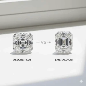 Comparison diagram illustrating the square shape and cropped corners of an asscher cut versus the rectangular emerald cut.