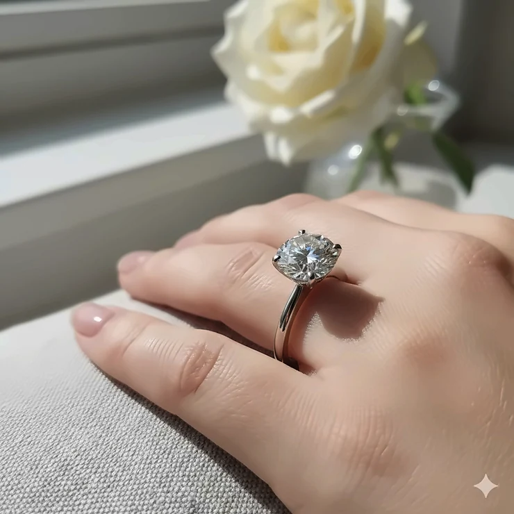 A stunning 1-carat round brilliant cut engagement ring set in a platinum solitaire setting, showcasing its exceptional sparkle and fire. round brilliant cut engagement rings