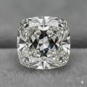Extreme close-up shot of the facet structure of a cushion cut diamond, emphasizing the excellent cut and clarity.