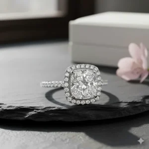 Close-up of a cushion cut diamond set in a modern platinum double halo engagement ring.