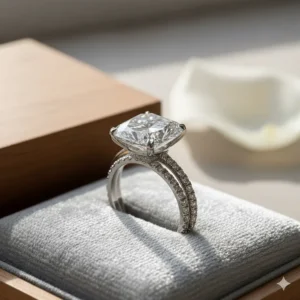 A 3 carat cushion cut diamond engagement ring paired beautifully with a matching micro-pave diamond eternity wedding band.