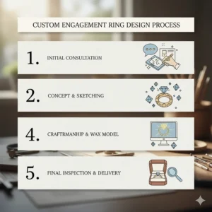 Infographic showing the five steps of the custom engagement ring design process, from initial consultation to final inspection and delivery.