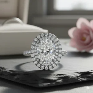 Detailed close-up showing the two distinct rows of micro-pavé diamonds forming the double halo around the center stone.