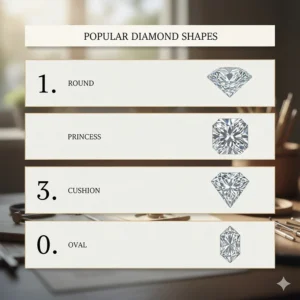 A visual comparison of popular diamond shapes—round, princess, cushion, and oval—to help a customer choose the ideal stone for a custom engagement ring.
