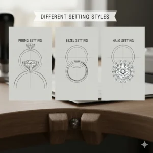 Diagram illustrating the three main types of settings—prong, bezel, and halo—for custom engagement rings to secure the center stone.
