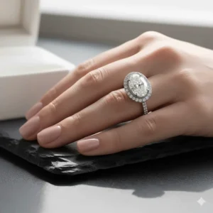 Beautiful double halo engagement ring being worn on a hand, highlighting its sparkle and proportion.