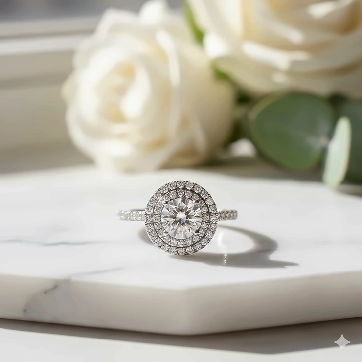 Stunning white gold double halo engagement ring featuring a brilliant round-cut center diamond and a pavé diamond band.