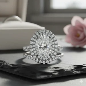 Matching bridal set featuring the double halo engagement ring paired perfectly with a curved diamond wedding band.