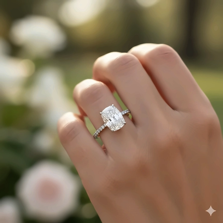 A stunning elongated cushion cut engagement ring with a pave diamond band, showcasing the brilliance of the center stone.