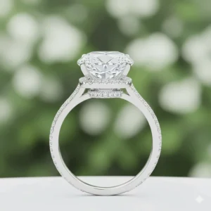 Side-profile view of an elongated cushion cut engagement ring set in a modern hidden halo setting.