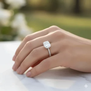 Photo showing how the flattering shape of an elongated cushion cut engagement ring helps to visually lengthen the wearer's finger.