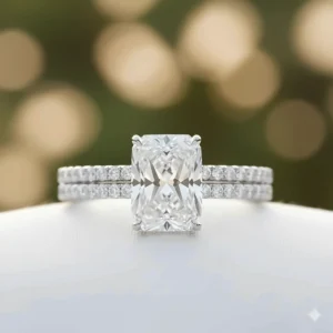 Detailed image of a shimmering pave band setting that beautifully complements the center elongated cushion cut diamond.