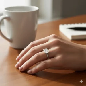 Elegant 1 carat emerald cut engagement ring worn on a hand, providing a realistic sense of scale and how the ring looks in daily wear.